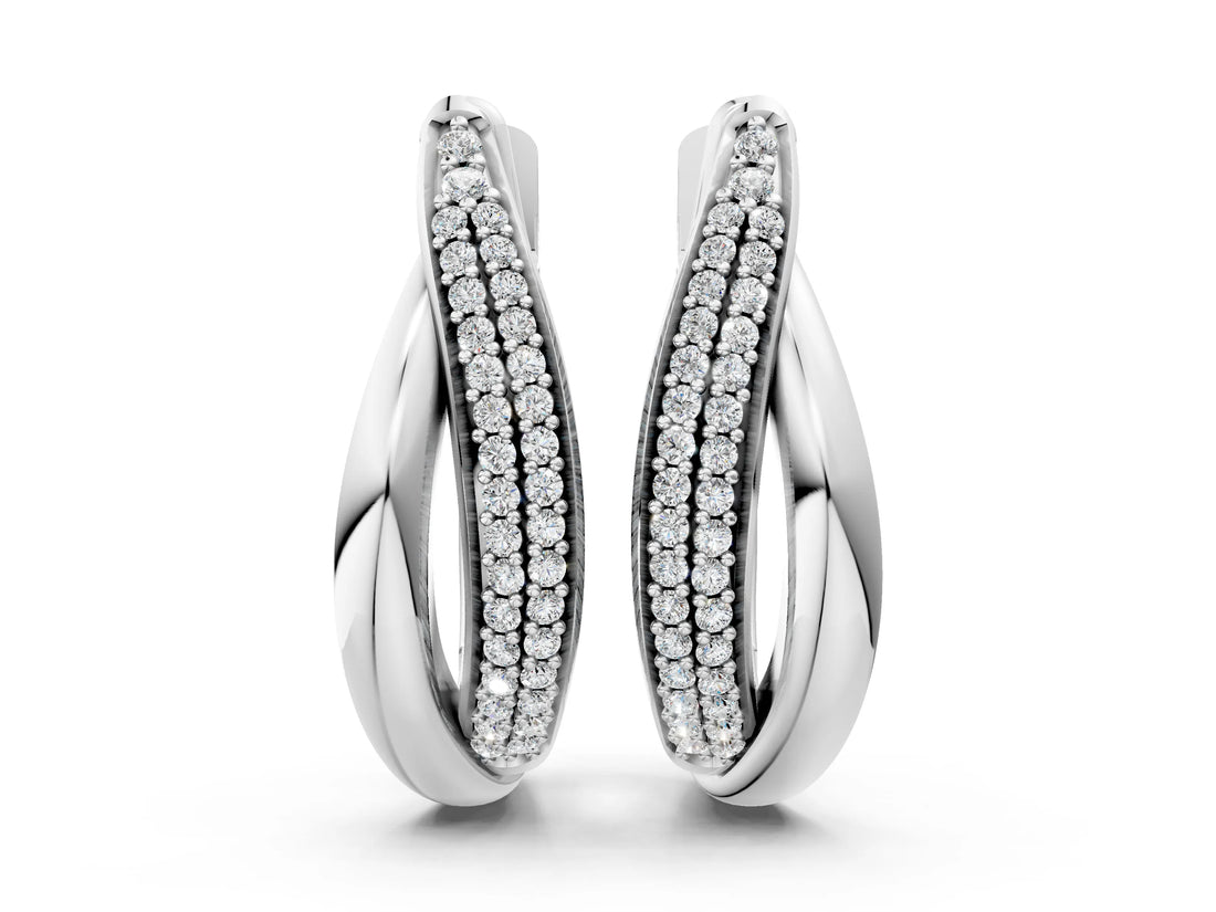 White gold Round Diamond Double Row Huggie Hoop Earrings_4