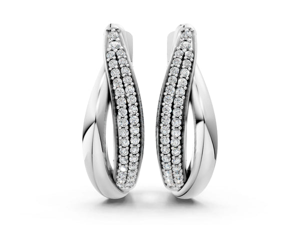 White gold Round Diamond Double Row Huggie Hoop Earrings