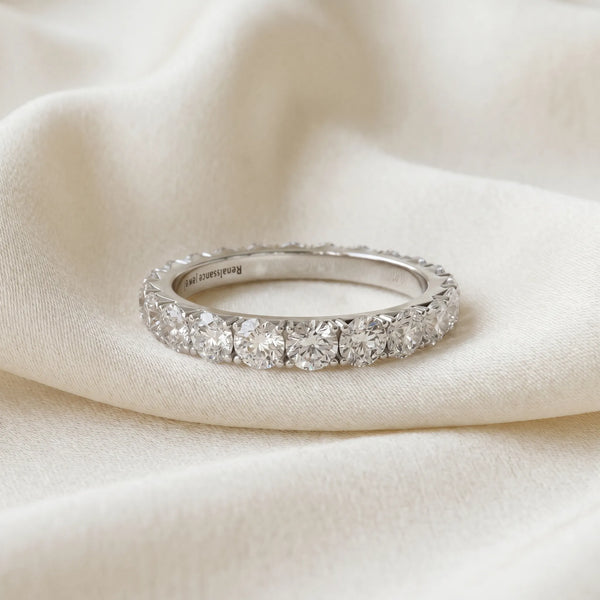 White gold Round Diamond Eternity Band with Pavé Setting and Shared Prong