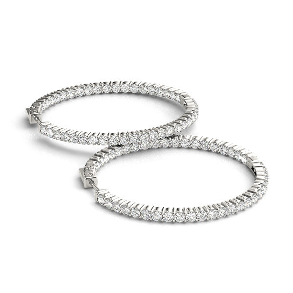Silver Round Diamond Eternity Hoop Earrings with Pavé Setting and Shared Prong