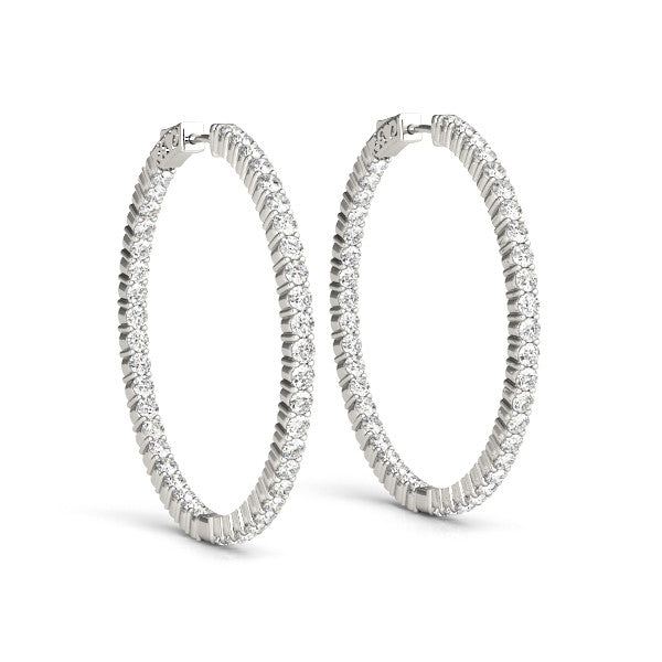 White gold Round Diamond Eternity Hoop Earrings with Pavé Setting and Shared Prong