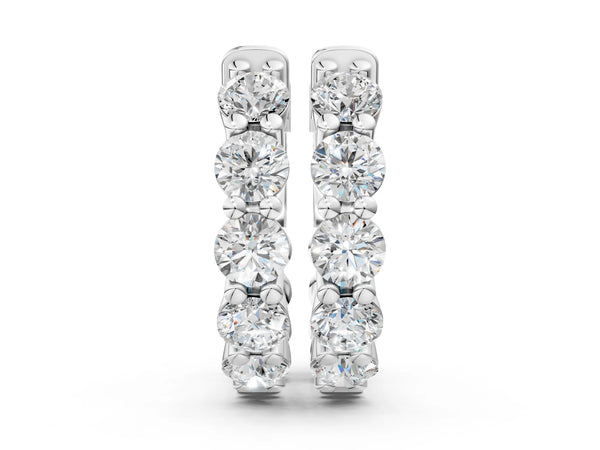 Silver Round Diamond Eternity Hoop Earrings with Scalloped Band and Four-Prong Setting