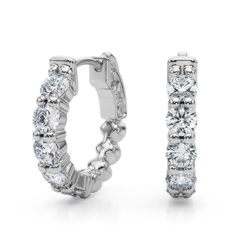 White gold Round Diamond Eternity Hoop Earrings with Scalloped Band and Four-Prong Setting