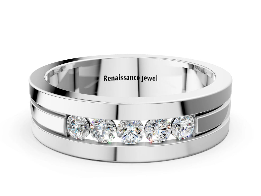 White gold Round Diamond Five-Stone Channel Set Mens Band