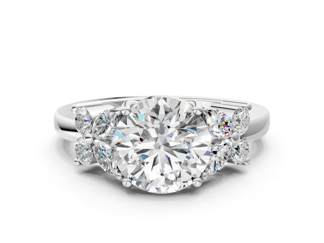 White gold Round Diamond Floral Cluster Ring with Solitaire Band and Prong Setting_88