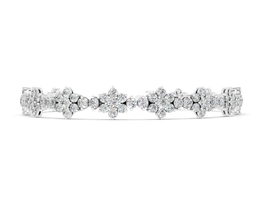 Silver 3.05 Carat F-G VS-SI Round Diamond Floral Cluster Tennis Bracelet with Prong Setting