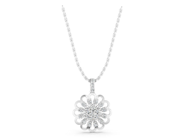 Silver Round Diamond Floral Halo Pendant with Prong Setting