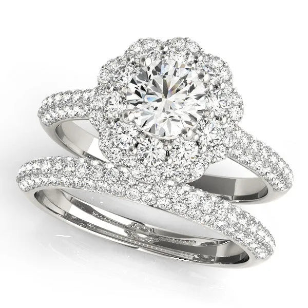 White gold Round Diamond Floral Halo Ring with Pavé Band and Four-Prong Setting