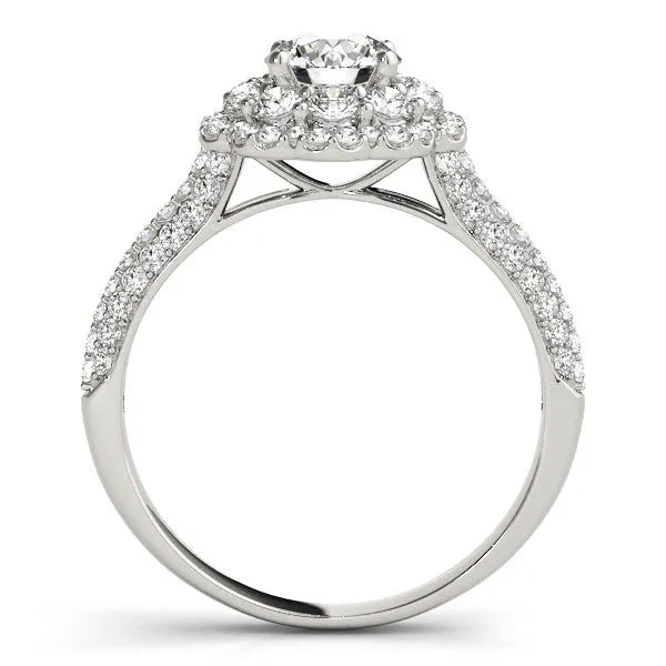 White gold Round Diamond Floral Halo Ring with Pavé Band and Four-Prong Setting