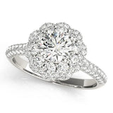 White gold Round Diamond Floral Halo Ring with Pavé Band and Four-Prong Setting