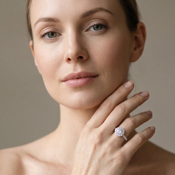 White gold Round Diamond Floral Halo Ring with Pavé Band and Four-Prong Setting