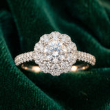 White gold Round Diamond Floral Halo Ring with Pavé Band and Four-Prong Setting_9