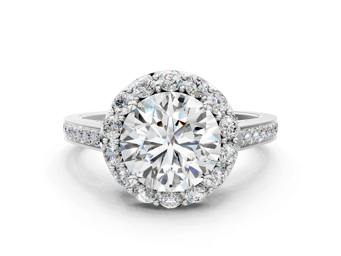 White gold Round Diamond Floral Halo Ring with Pavé Band and Prong Setting_50