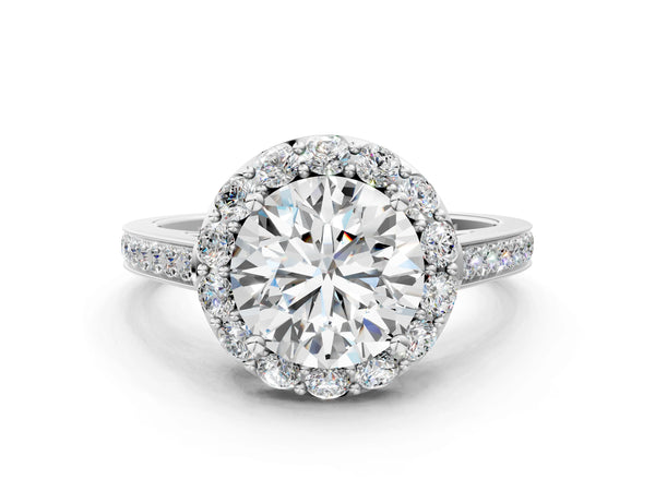White gold Round Diamond Floral Halo Ring with Pavé Band and Prong Setting