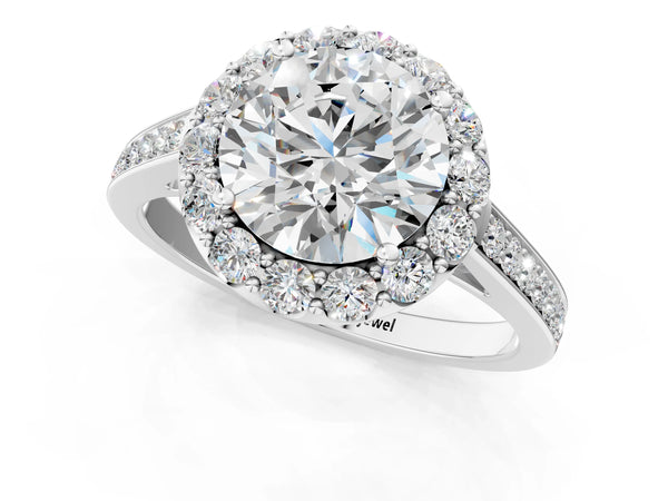 White gold Round Diamond Floral Halo Ring with Pavé Band and Prong Setting