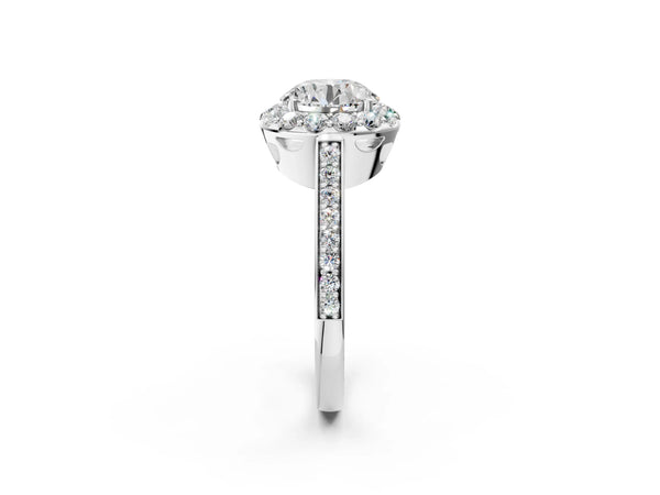 White gold Round Diamond Floral Halo Ring with Pavé Band and Prong Setting