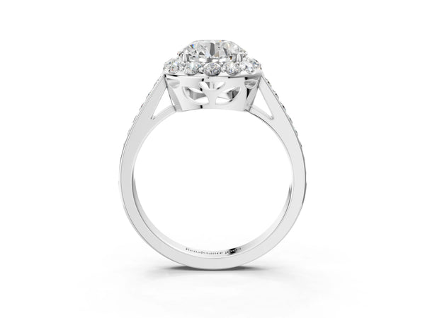 White gold Round Diamond Floral Halo Ring with Pavé Band and Prong Setting