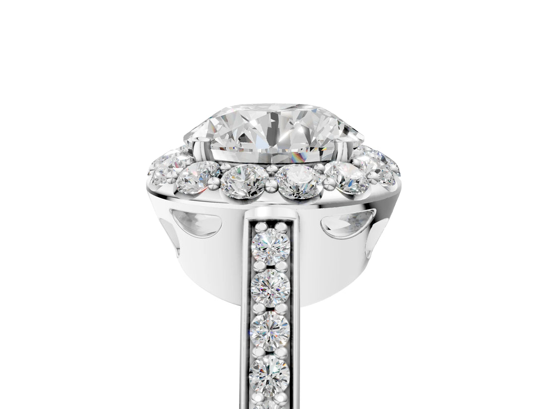 White gold Round Diamond Floral Halo Ring with Pavé Band and Prong Setting_55