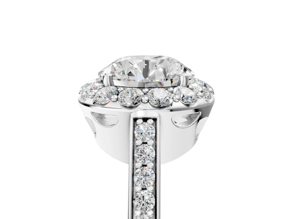 White gold Round Diamond Floral Halo Ring with Pavé Band and Prong Setting