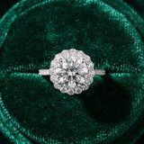 White gold Round Diamond Floral Halo Ring with Pavé Band and Prong Setting_65