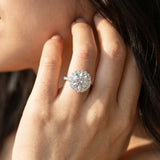 White gold Round Diamond Floral Halo Ring with Pavé Band and Prong Setting_67