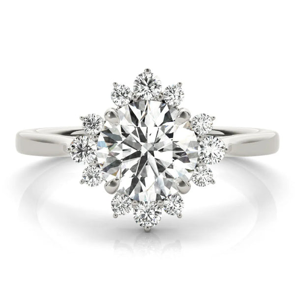 White gold Round Diamond Floral Halo Ring with Plain Band and Prong Setting