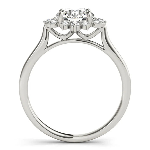 White gold Round Diamond Floral Halo Ring with Plain Band and Prong Setting