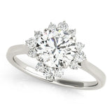 White gold Round Diamond Floral Halo Ring with Plain Band and Prong Setting