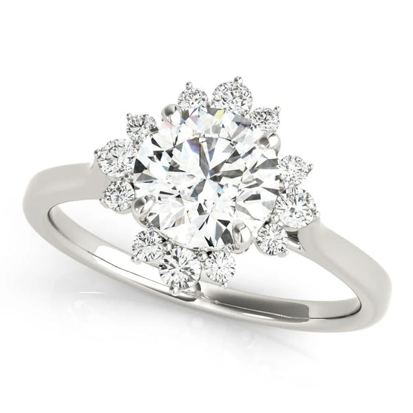 White gold Round Diamond Floral Halo Ring with Plain Band and Prong Setting