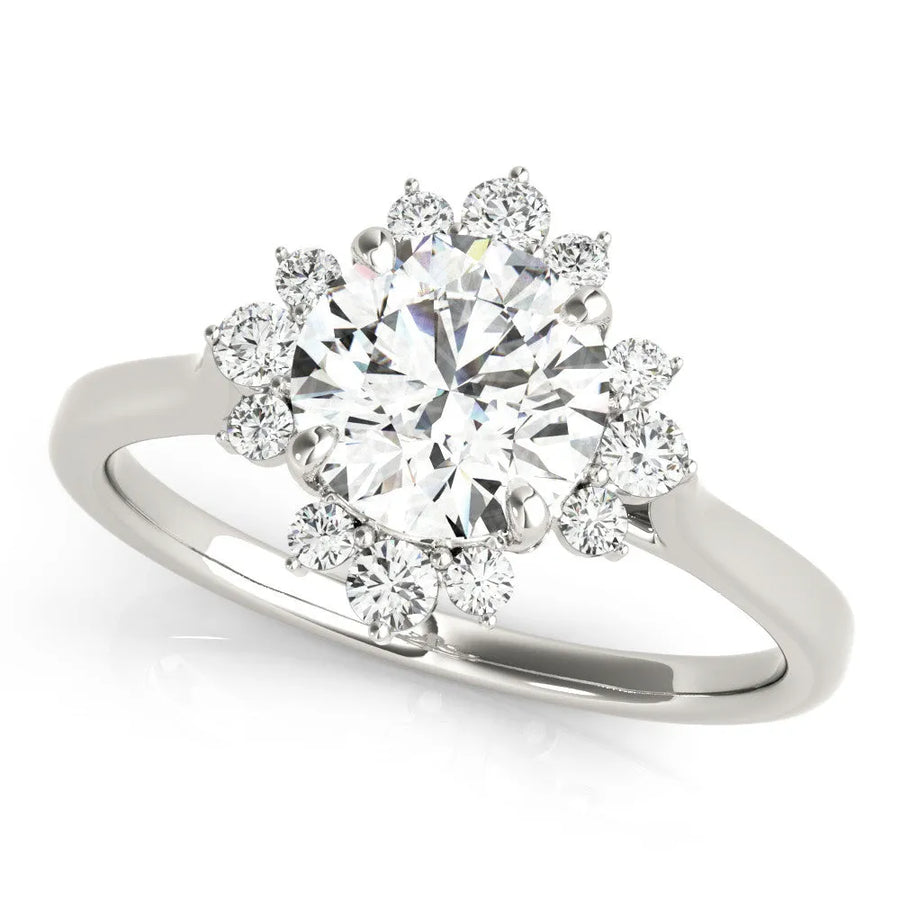 White gold Round Diamond Floral Halo Ring with Plain Band and Prong Setting