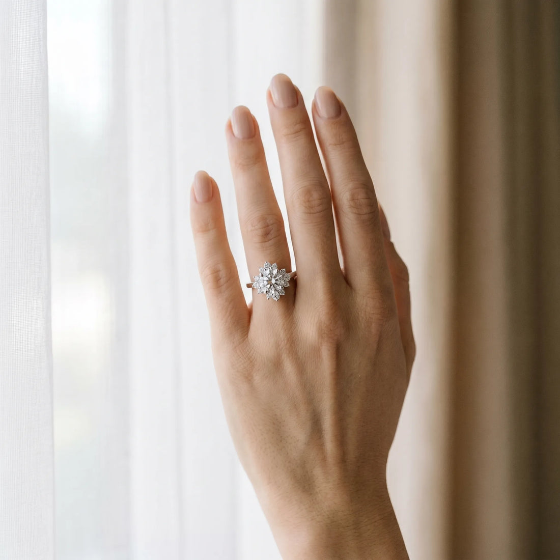 White gold Round Diamond Floral Halo Ring with Plain Band and Prong Setting_6