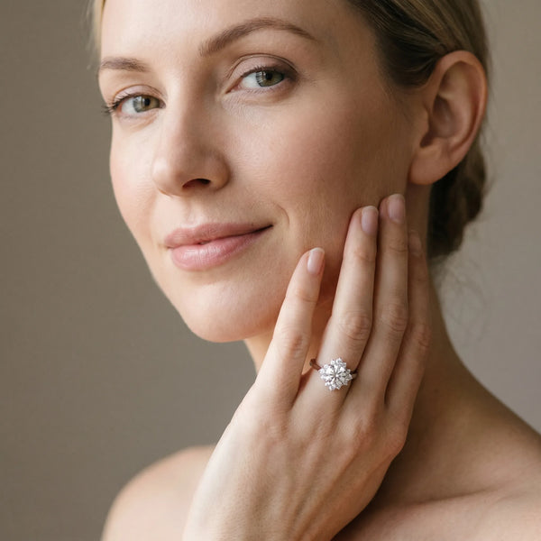 White gold Round Diamond Floral Halo Ring with Plain Band and Prong Setting