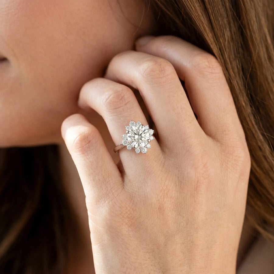 White gold Round Diamond Floral Halo Ring with Plain Band and Prong Setting