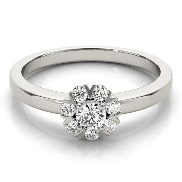 White gold Round Diamond Floral Halo Solitaire Ring with Channel-Set Band and Claw Prong Setting