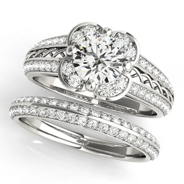 White gold Round Diamond Floral Halo Split Shank Engagement Ring