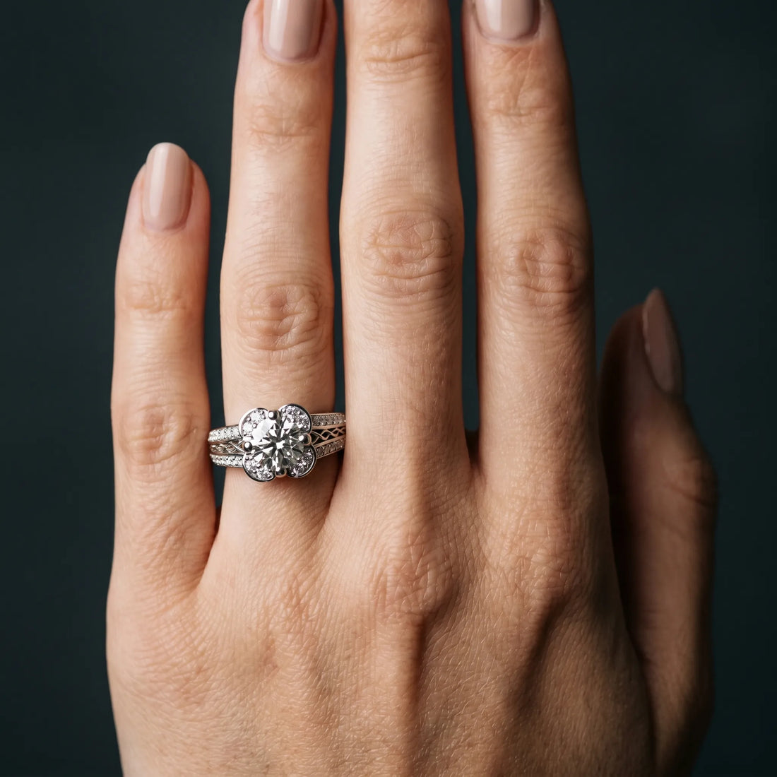 White gold Round Diamond Floral Halo Split Shank Engagement Ring_6