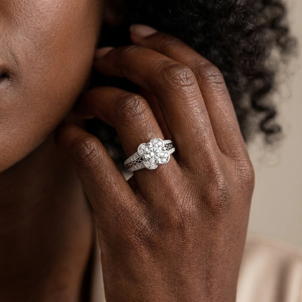 White gold Round Diamond Floral Halo Split Shank Engagement Ring