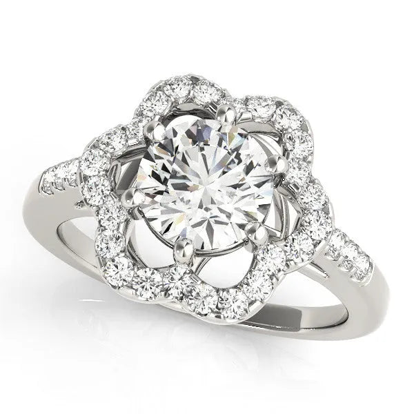 White gold Round Diamond Floral Halo Split Shank Prong Setting Ring