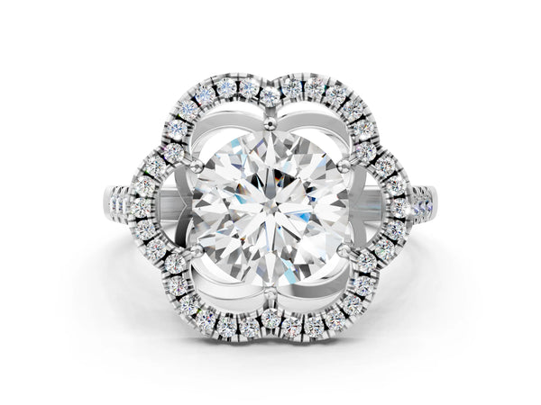 White gold Round Diamond Floral Halo Split Shank Prong Setting Ring