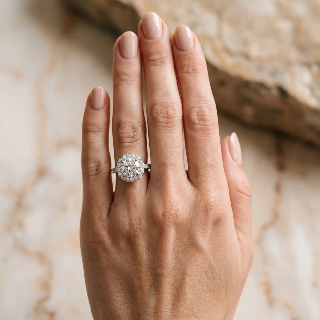 White gold Round Diamond Floral Halo Split Shank Prong Setting Ring_25