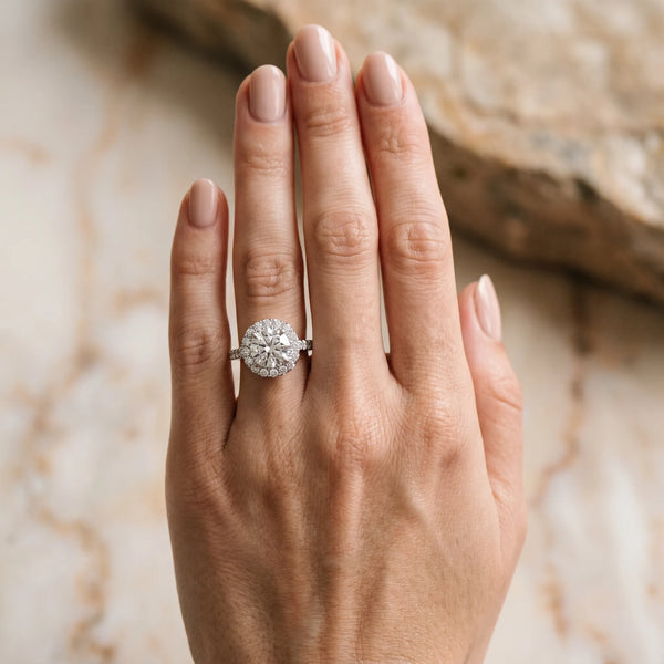White gold Round Diamond Floral Halo Split Shank Prong Setting Ring