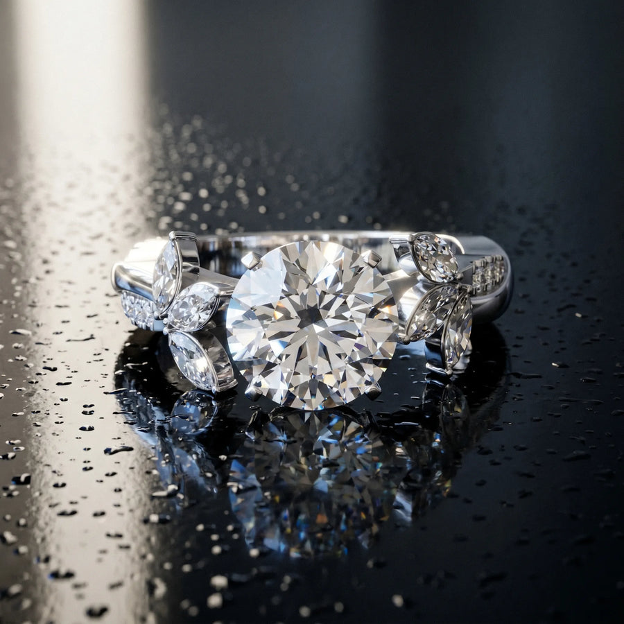 White gold Round Diamond Floral Vine Solitaire Engagement Ring
