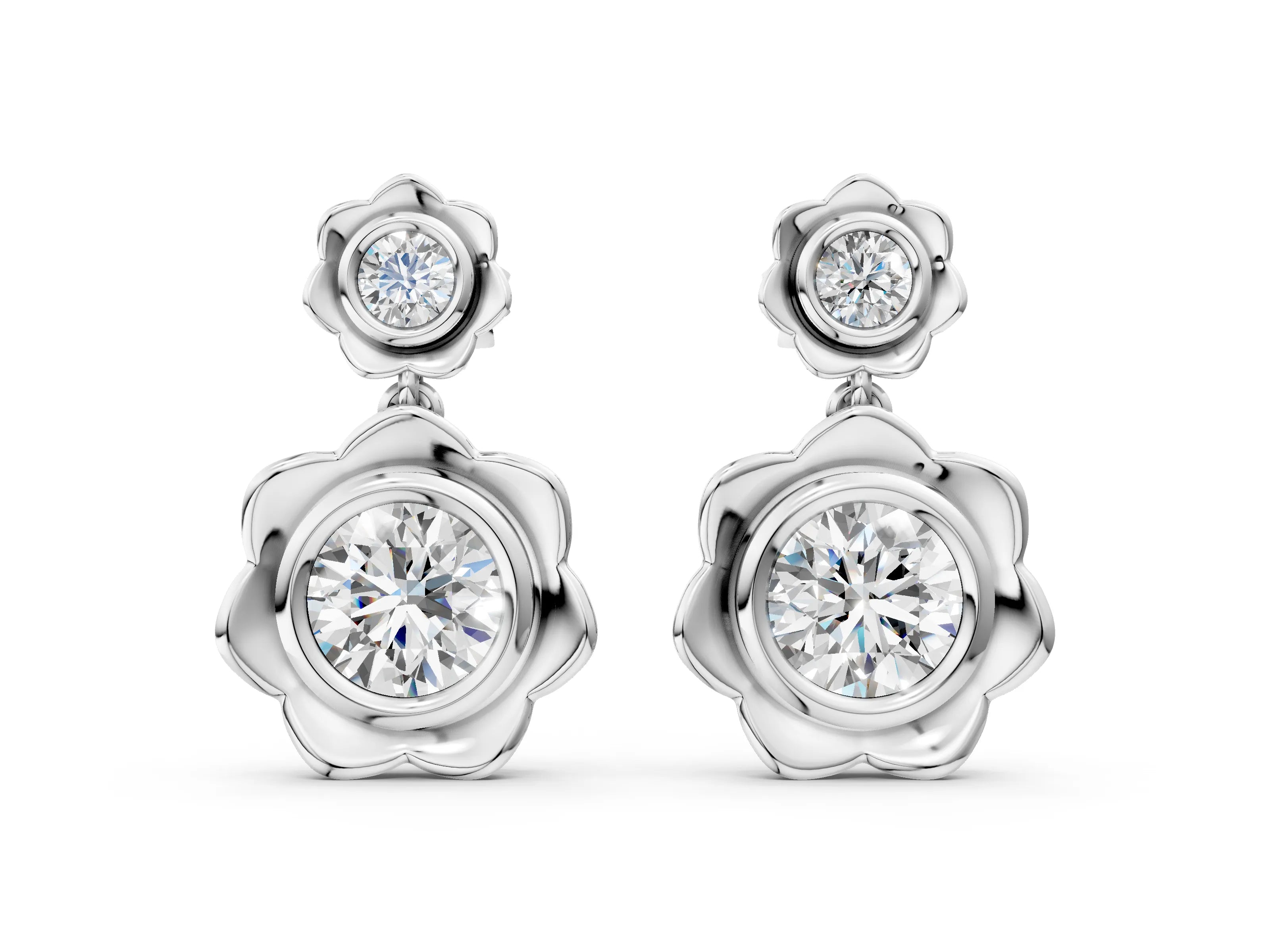 White gold Round Diamond Flower Drop Earrings with Lab Diamond Accents_4