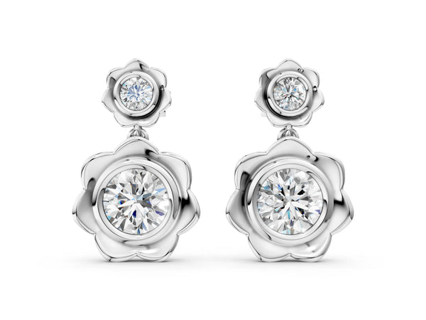 Silver Round Diamond Flower Drop Earrings with Lab Diamond Accents