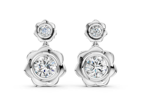 White gold Round Diamond Flower Drop Earrings with Lab Diamond Accents_4