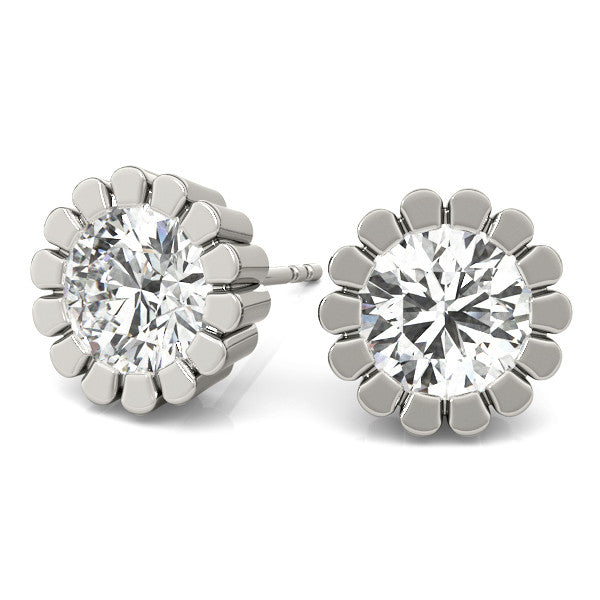 White gold Round Diamond Flower Halo Stud Earrings with Petal Prong Setting 2