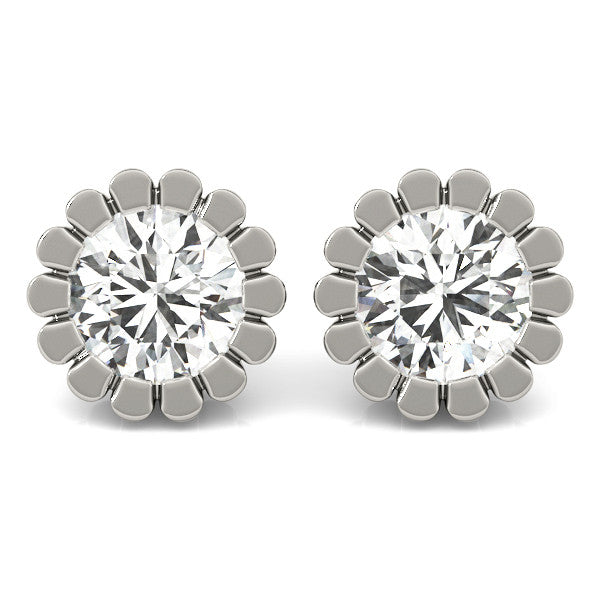 White gold Round Diamond Flower Halo Stud Earrings with Petal Prong Setting