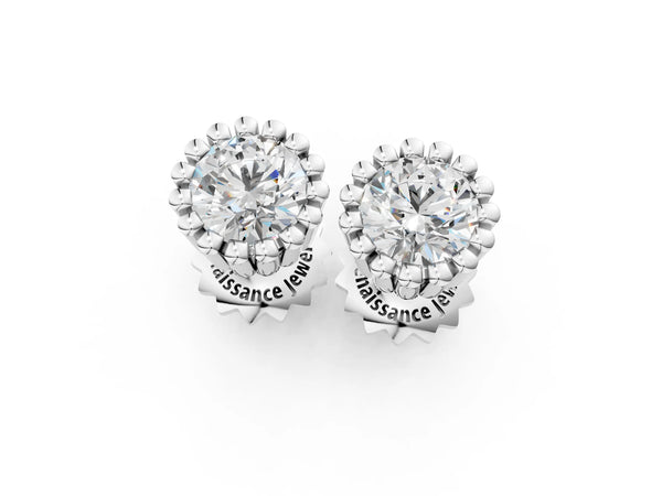 White gold Round Diamond Flower Halo Stud Earrings with Petal Prong Setting