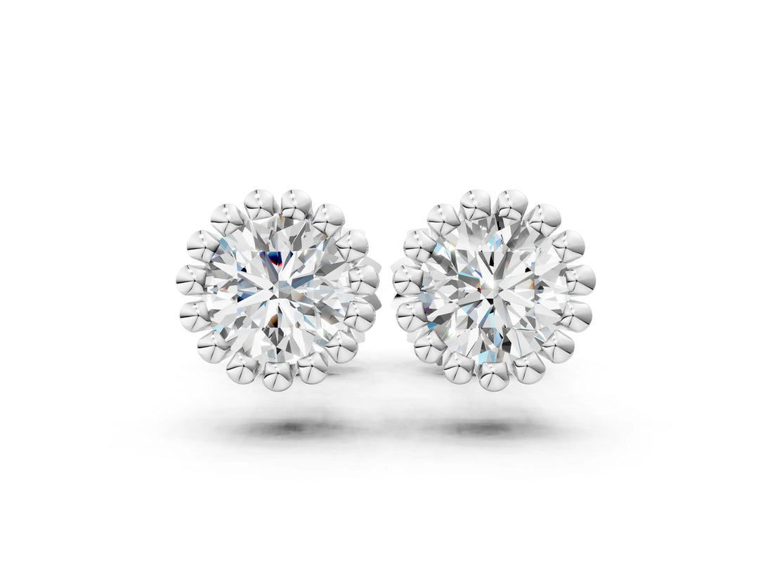 White gold Round Diamond Flower Halo Stud Earrings with Petal Prong Setting_5