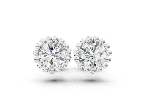 Silver Round Diamond Flower Halo Stud Earrings with Petal Prong Setting